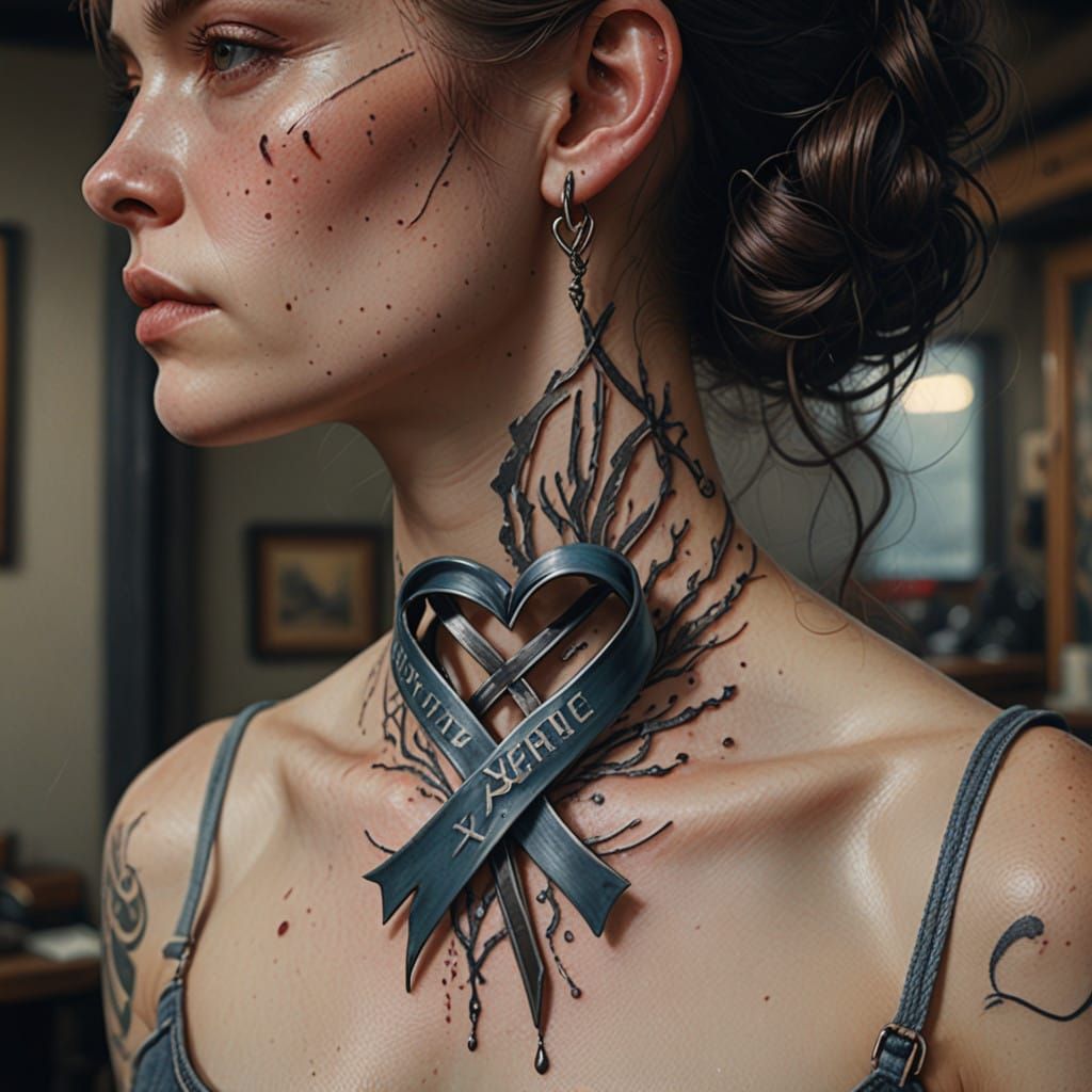 Elegant Fantasy Tattoo with Weathered Metal Heart Ribbon