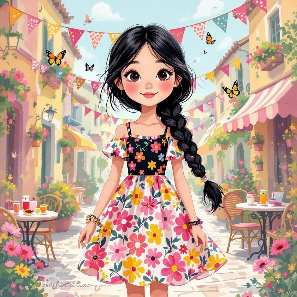 Whimsical Girl on Colorful Street in Storybook Style