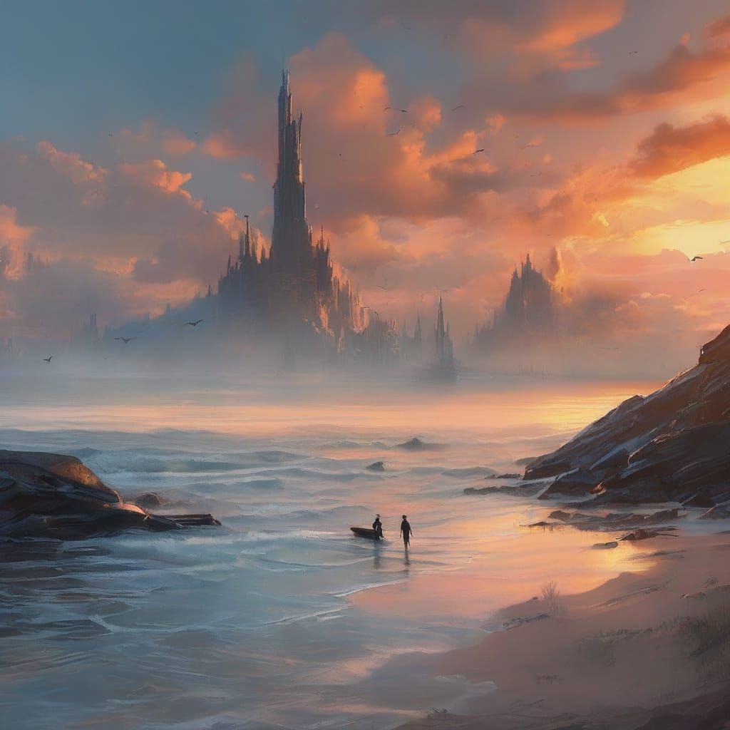 Dreamy Beach Sunset in Whimsical Watercolor Style