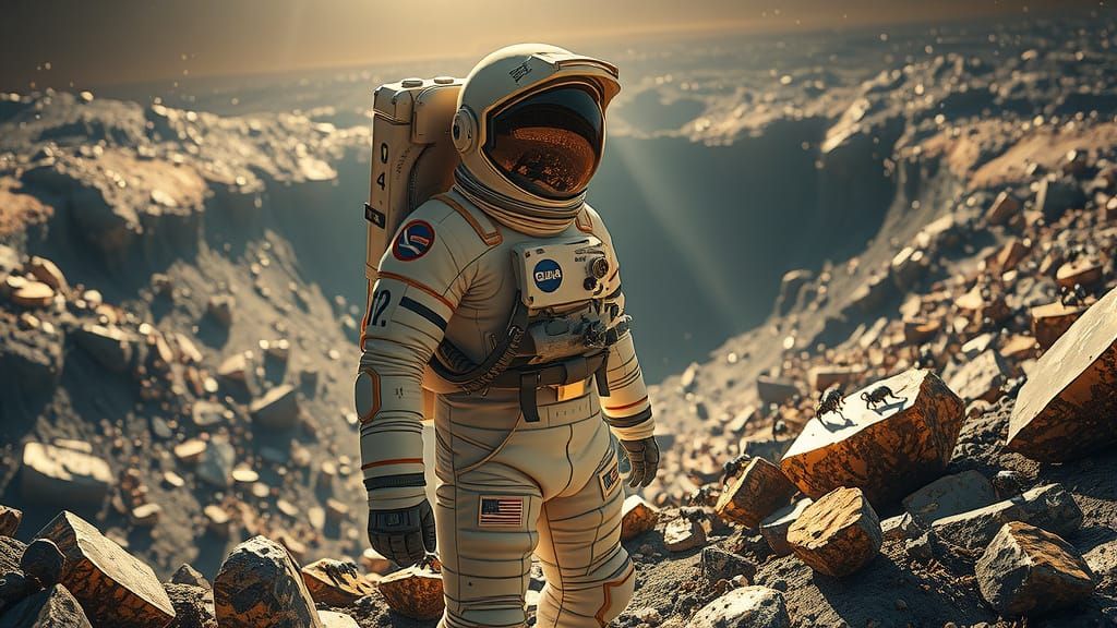 Astronaut Amidst Crystal Crater Landscape