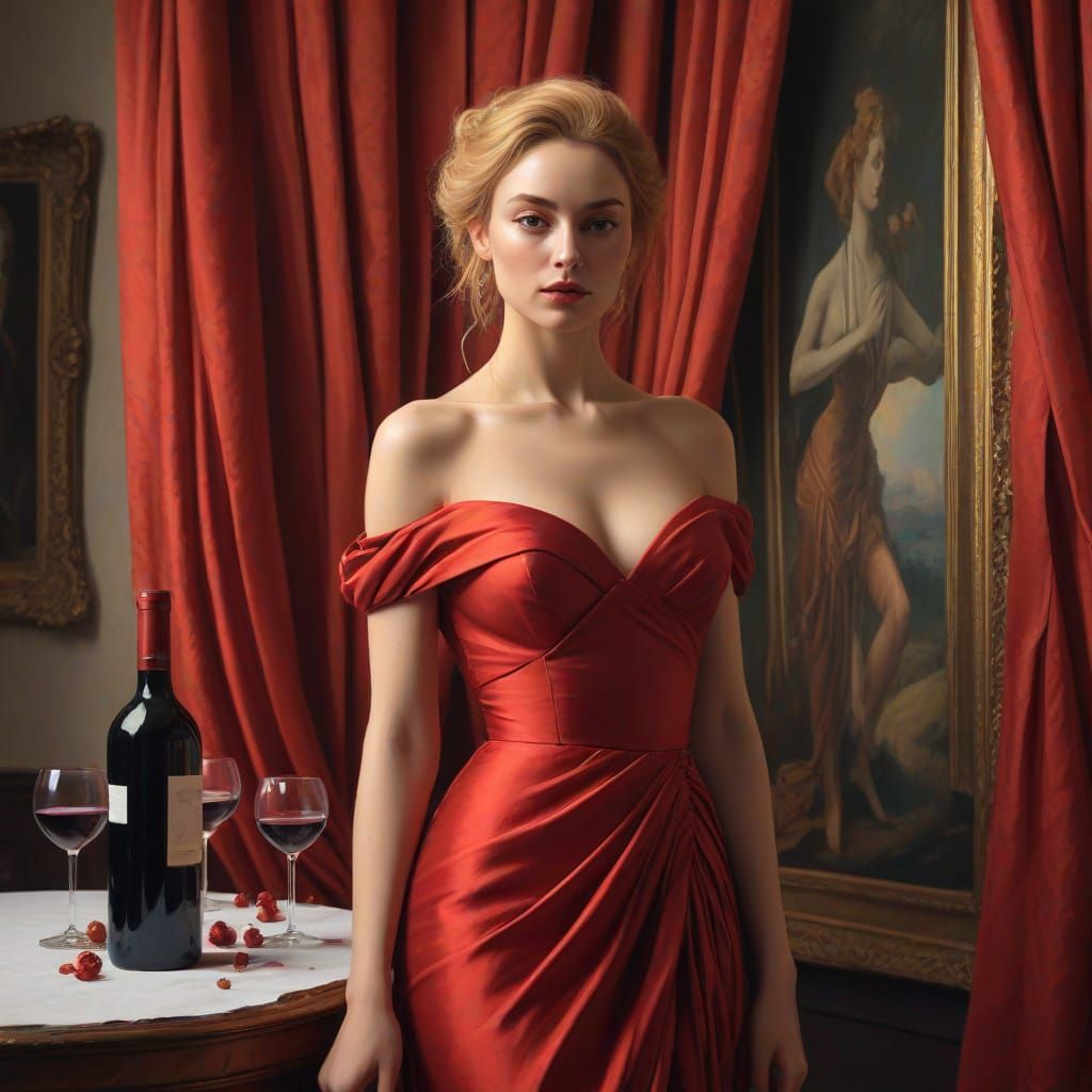 Elegant Ukrainian Supermodel Amidst Tintol Red Wine Bottles