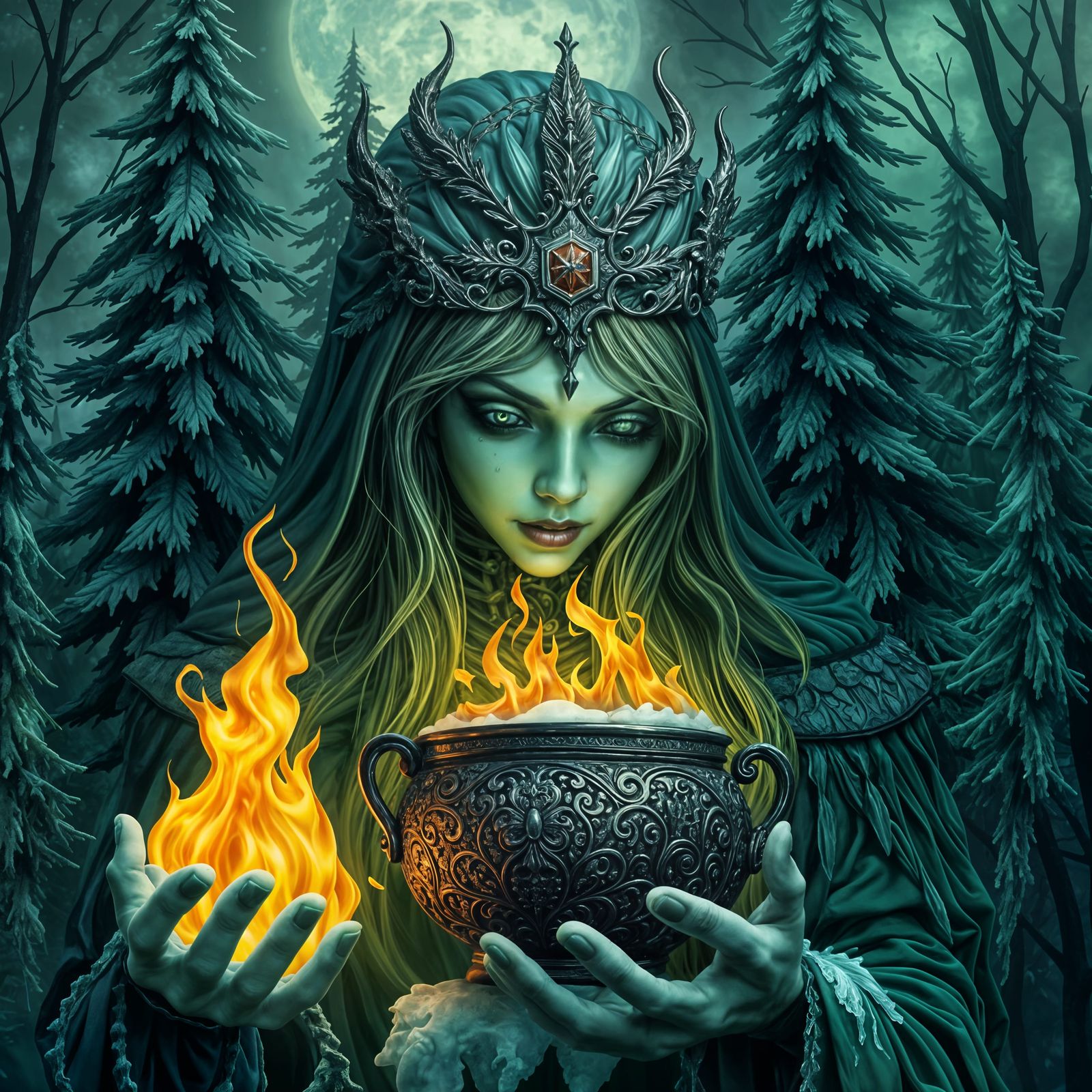 Ornate Ice Witch with Green Skin in Moonlight