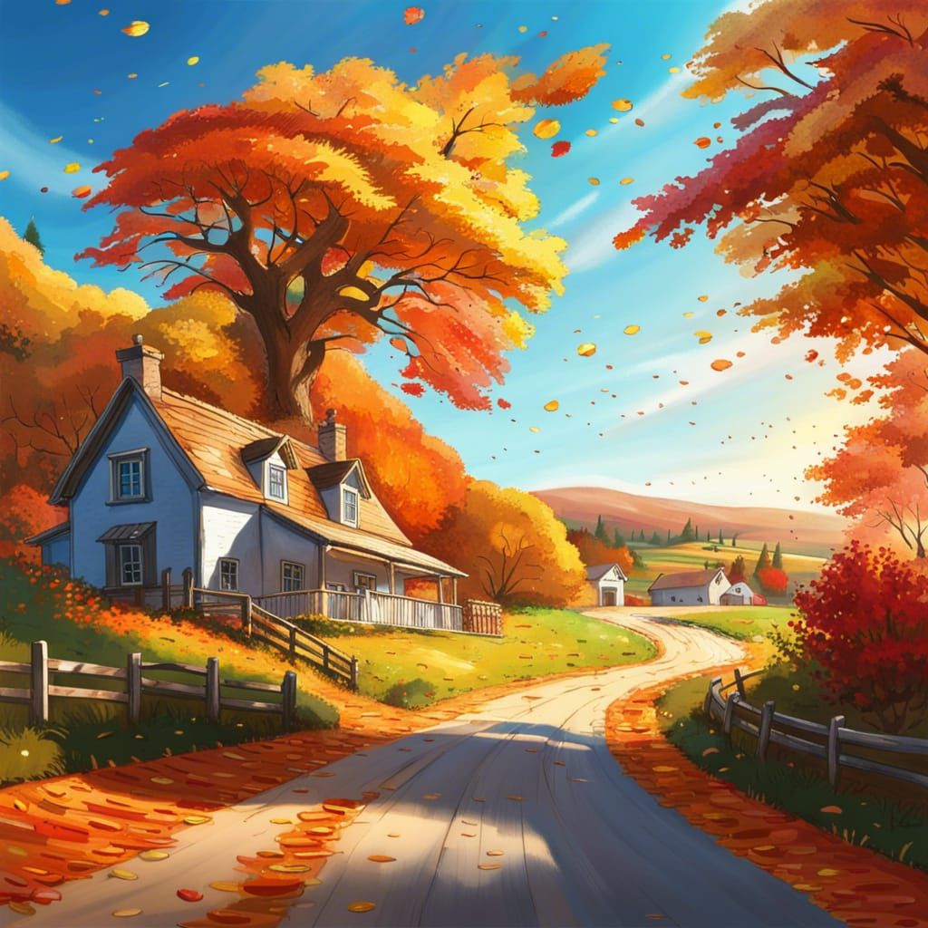 Autumn Countryside Road in Hyperrealistic Splash Art