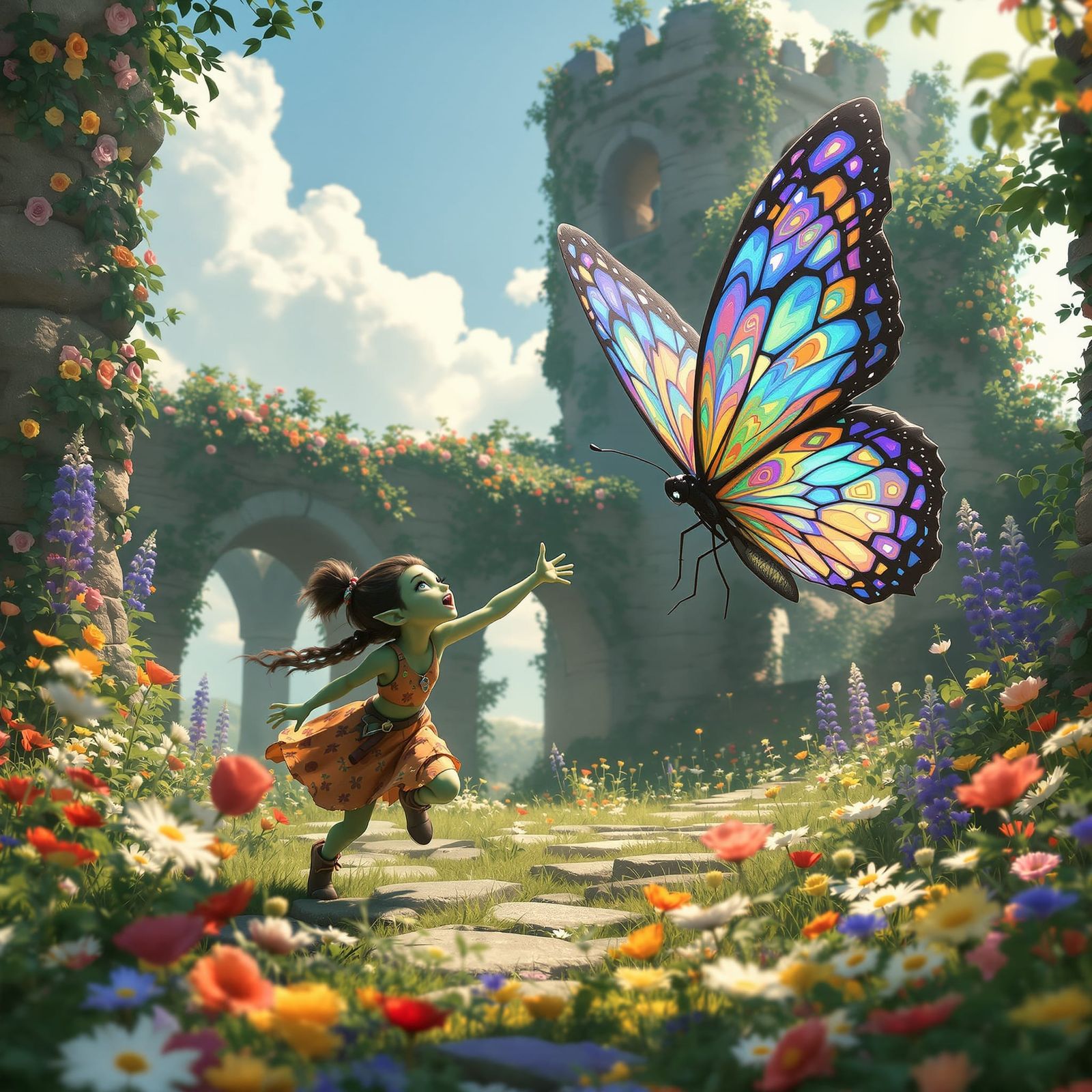 Orc Girl Chases Fractal Butterfly in Meadow