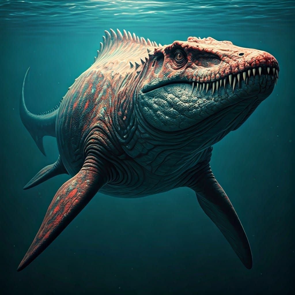 Red Opal Mosasaur in Turquoise Waters, Hyper-Realistic Rende...