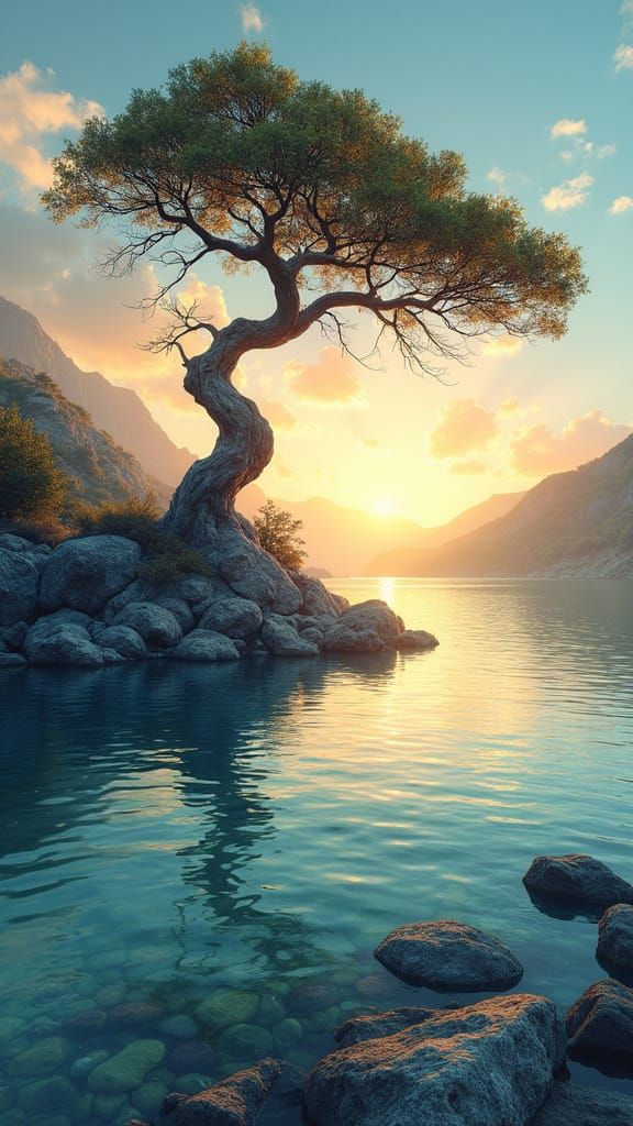 Majestic Tree by Serene Lake in Impressionistic Style