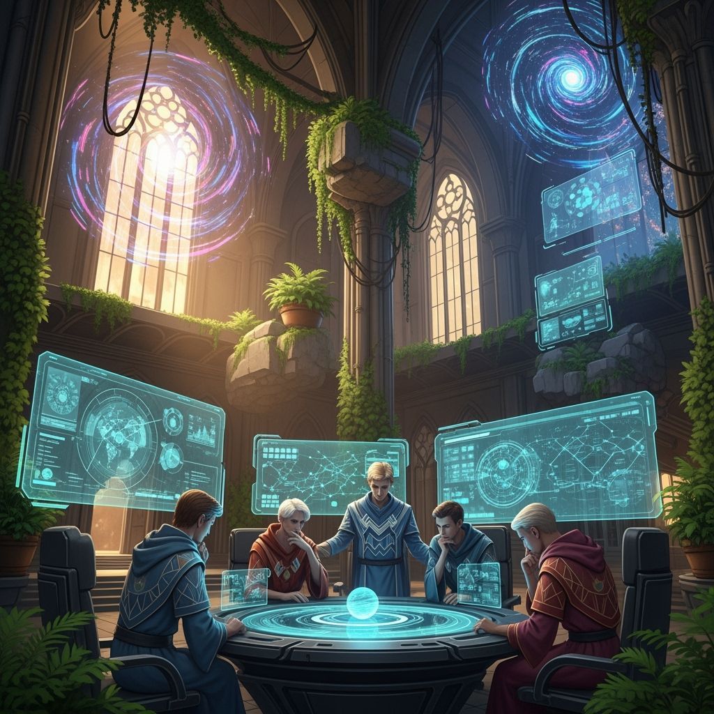 Archangels Discussing Star Maps in Neo-Gothic Cathedral