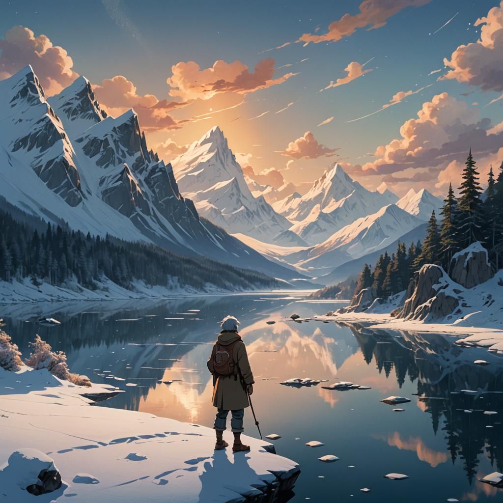 Ethereal Highland Scene with Snow-Capped Peaks and Soft, War...