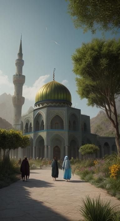 Vibrant Islamic Village Scene in Digital Painting Style