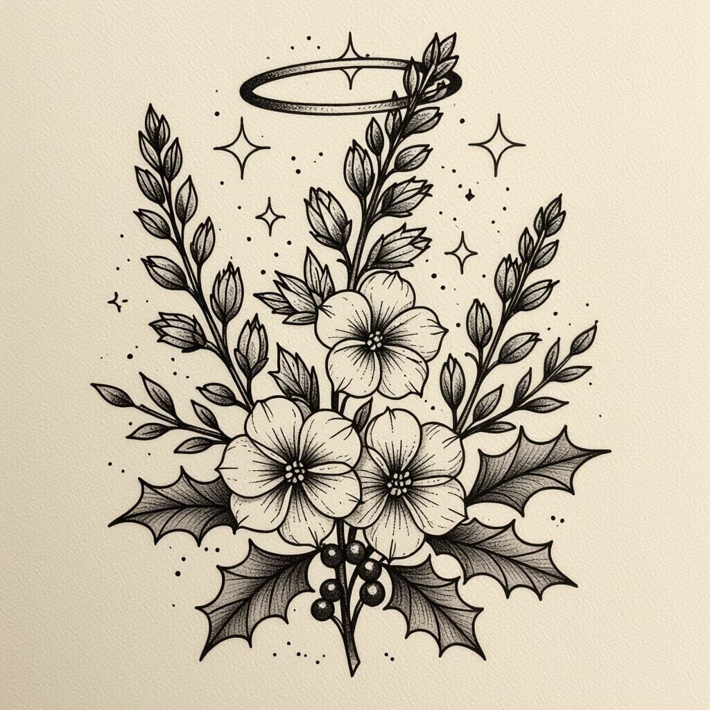 Simple Larkspur and Holly Tattoo Design with Halo