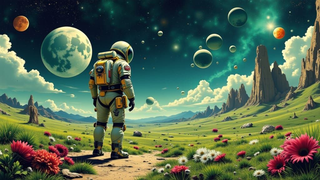 Astronaut on Alien Planet Under Twin Moons