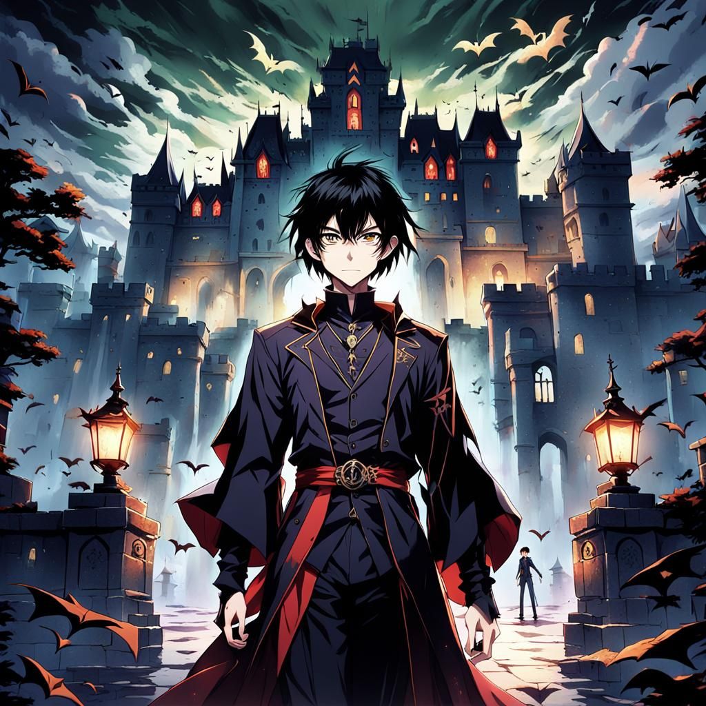 Anime Vampire Prince in Front of Castle