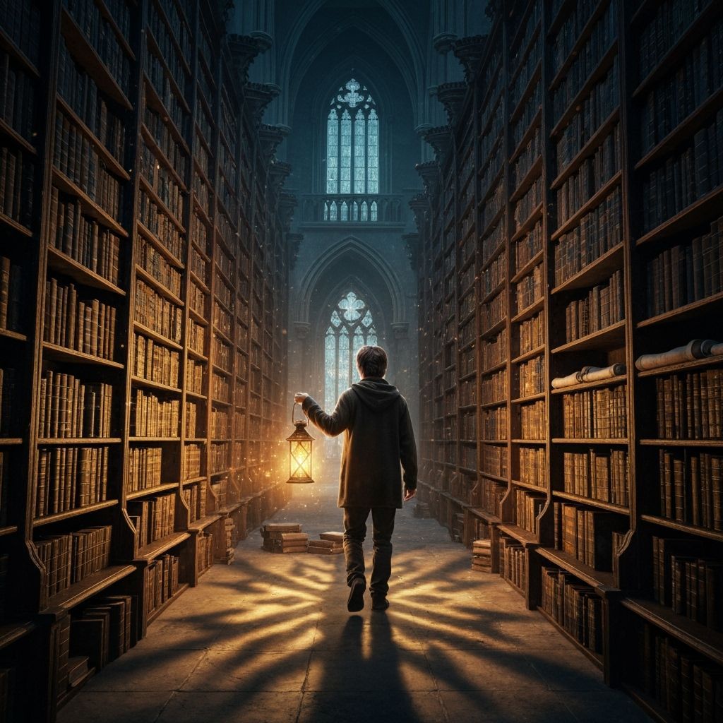 Harry Potter in Vast Library with Lantern