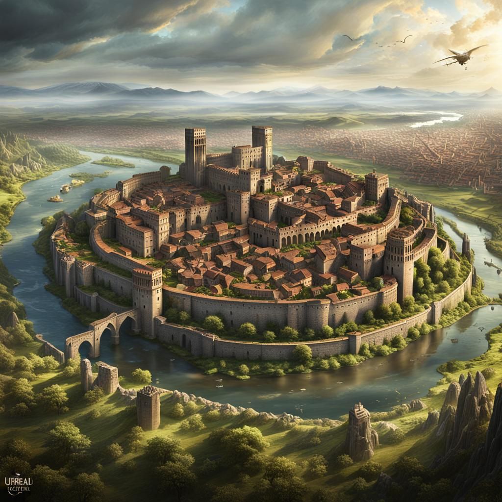 Medieval City with Castle and Colosseum in Matte Painting