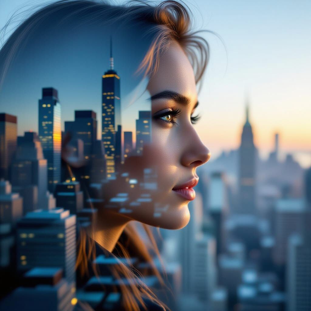 Double Exposure Portrait Merging Face with Cityscape