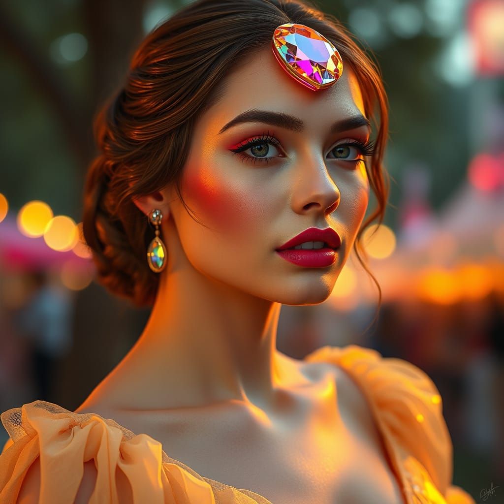 Elegant Woman Eating a Rainbow Diamond Apple