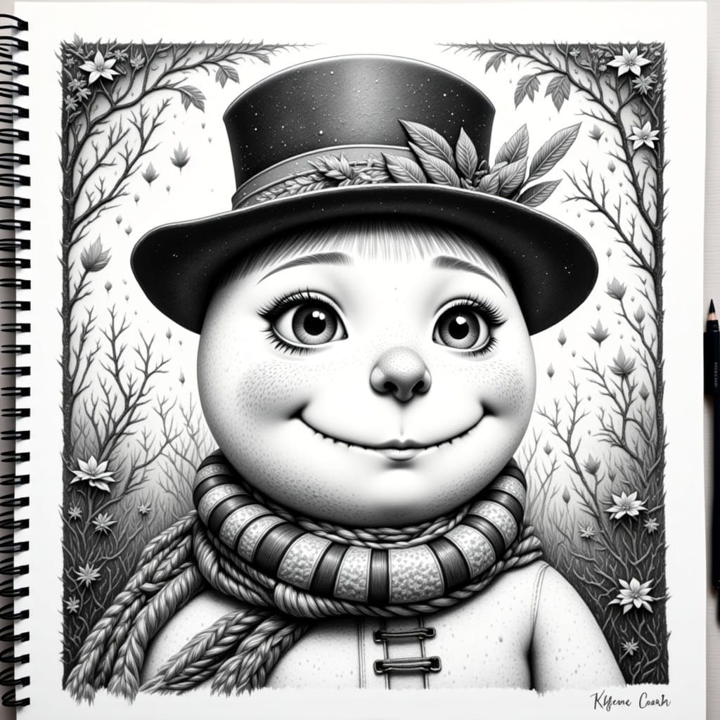 Button-Eyed Snowman with Stitched Grin in Black and White