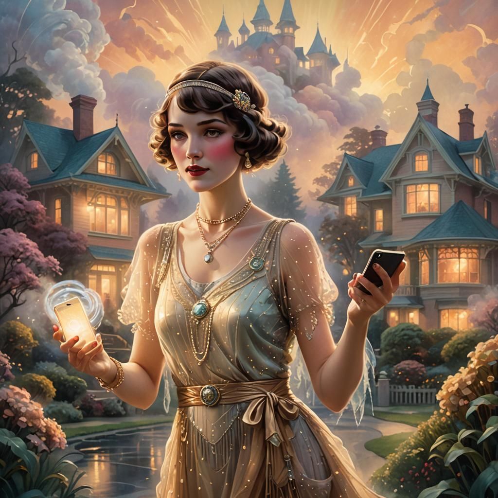 Art Deco iPhone Advertisement with Flapper in Mist