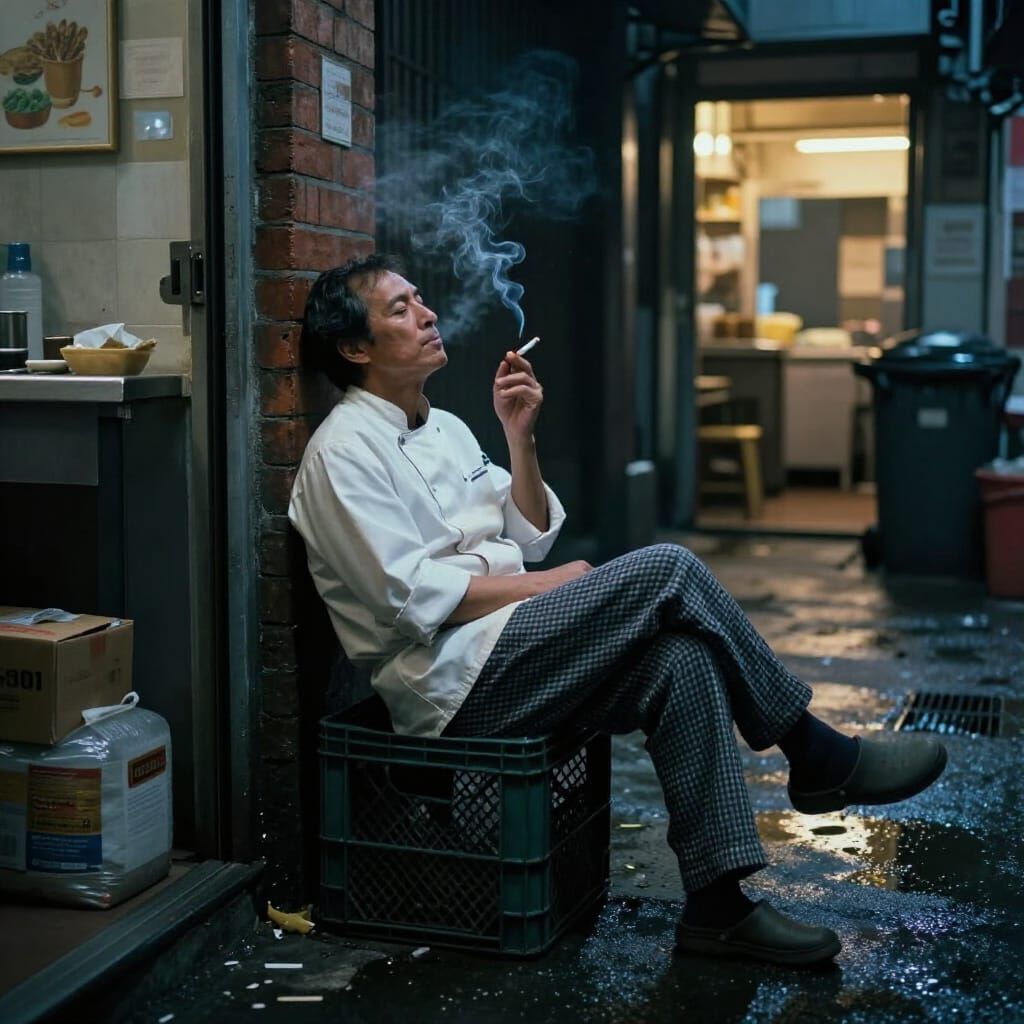 Chef's Quiet Break in Gritty Alleyway at Night