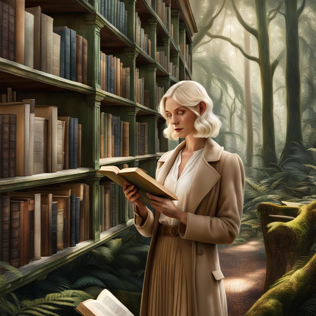 1920s Woman Browsing Library in Magical Forest