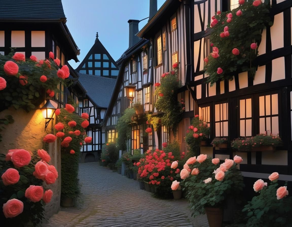 Cozy Rose-Covered Alleyway at Dusk, Illustrated Style