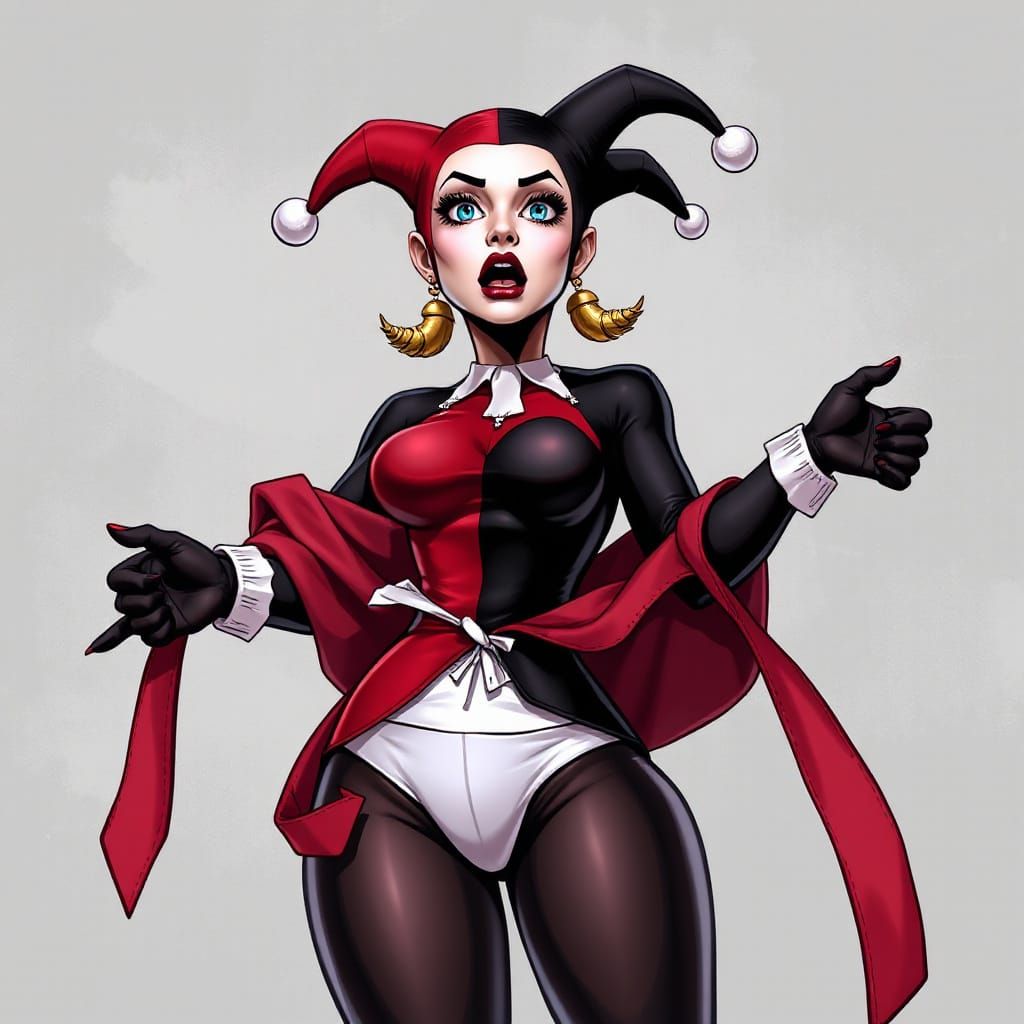 Harley Quinn Jester Costume Malfunction in Cartoon Style