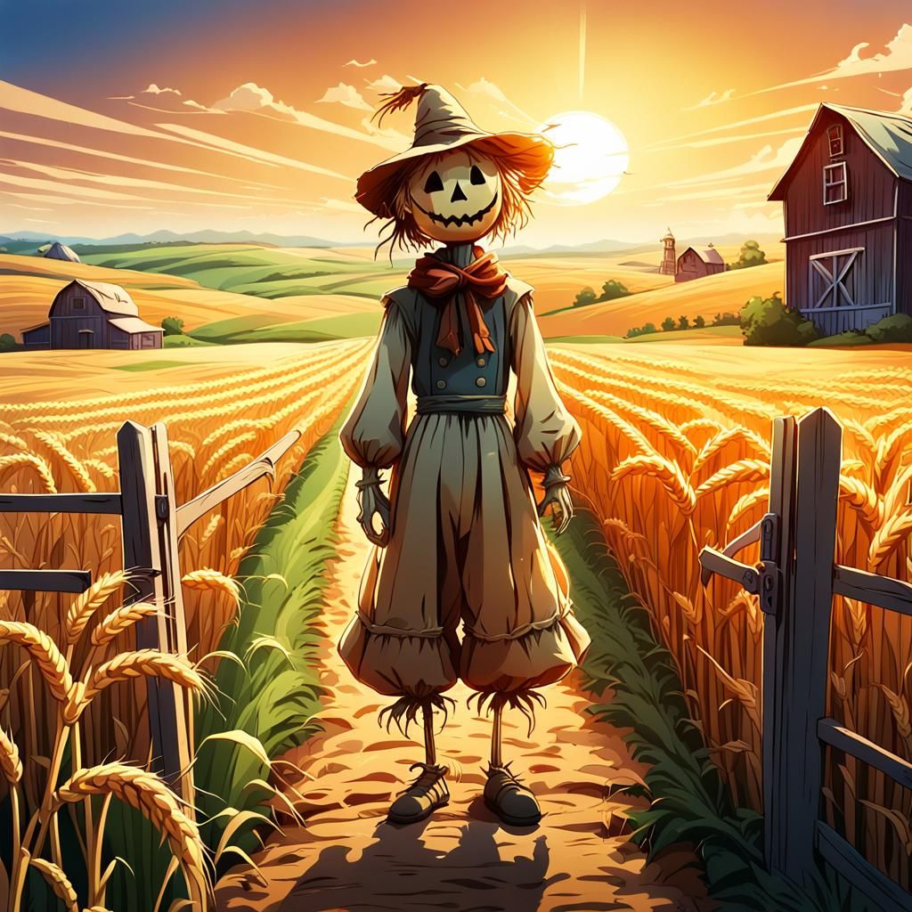 Smiling Scarecrow in Anime Wheat Field