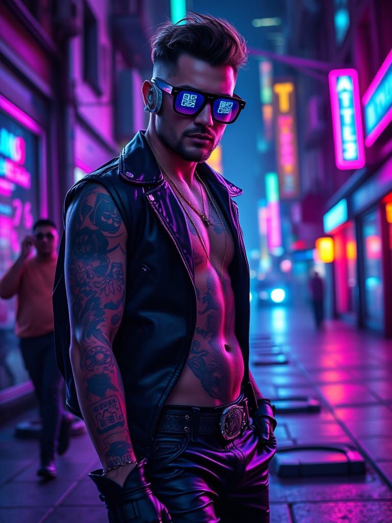 Cyberpunk Man Embodies Rebellion in Futuristic City