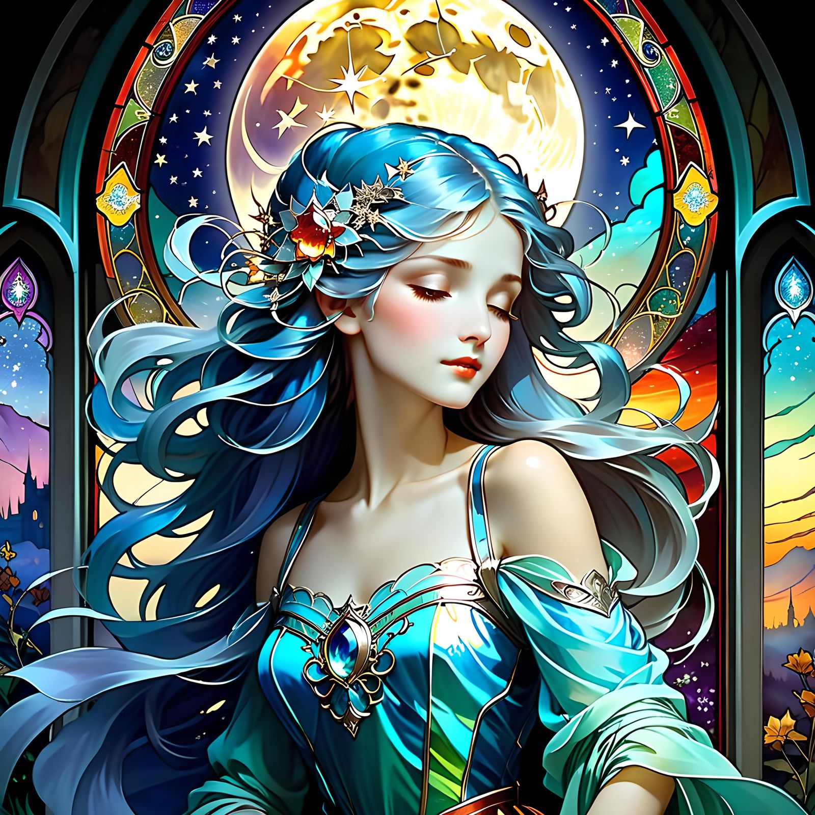 Stained Glass Night Scene in Art Nouveau Style