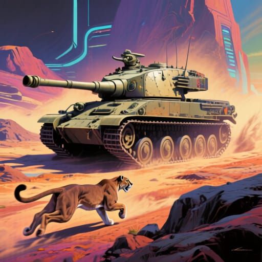 Tank and Mountain Lion Race in Futuristic Style