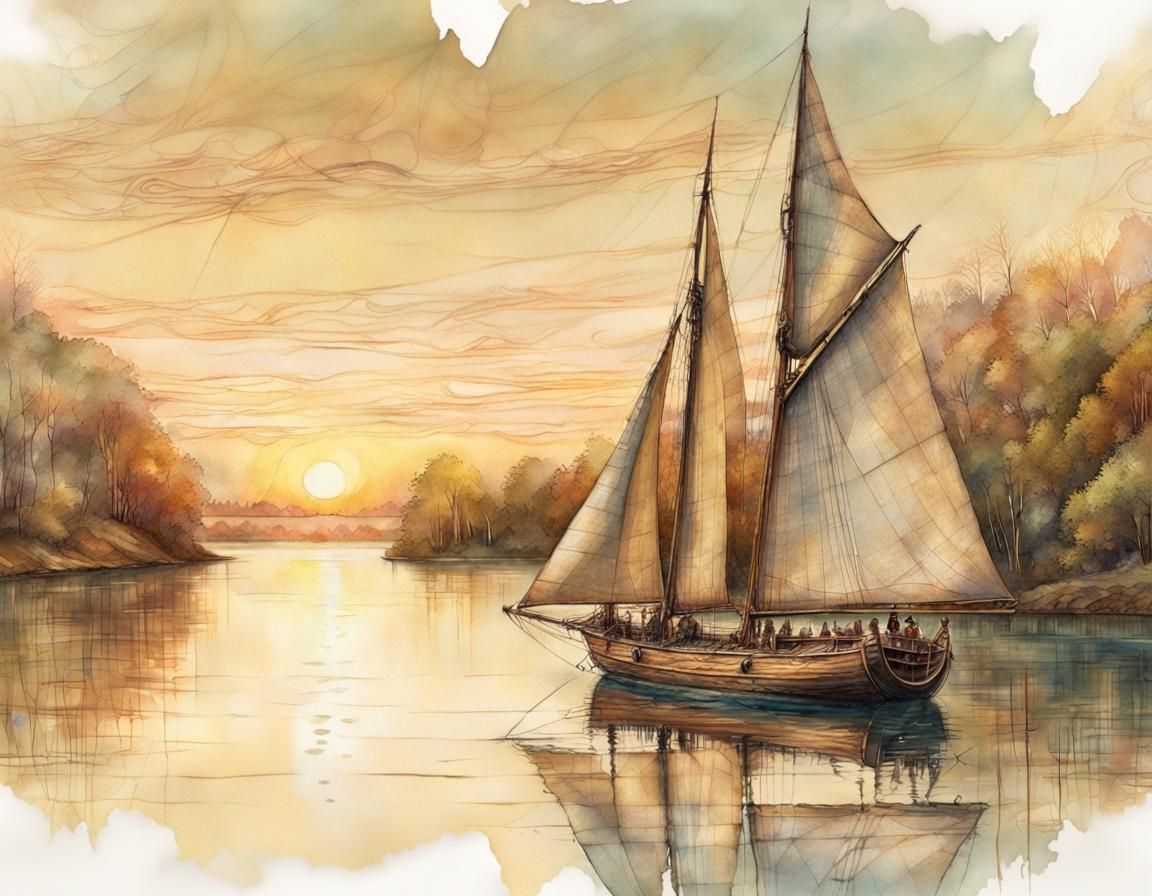 Schooner Sailboat on Lake at Golden Hour