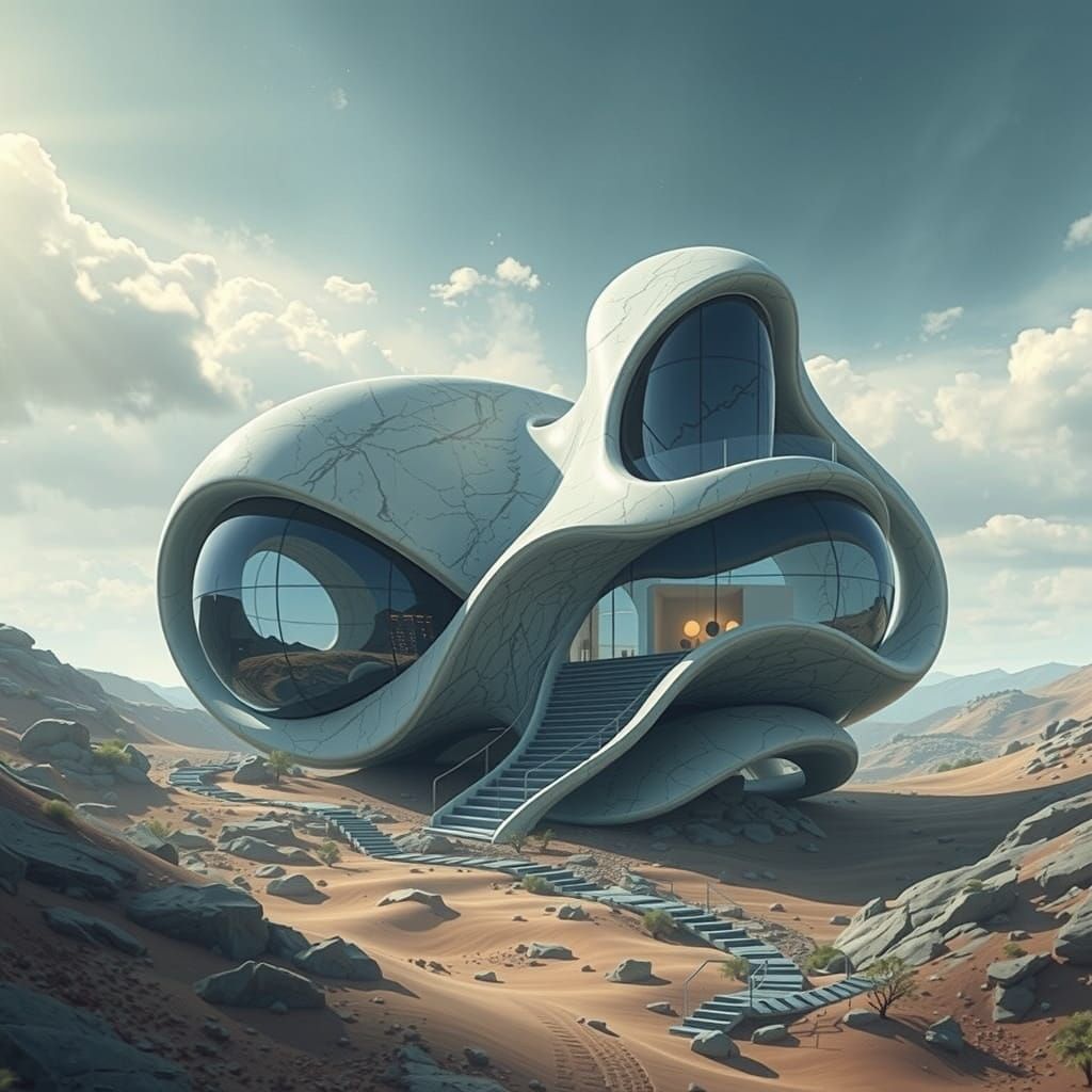 A cave like, open-concept eco-dwelling with smooth, flowing curves of glassy white marble seamlessly emerges from an ear...