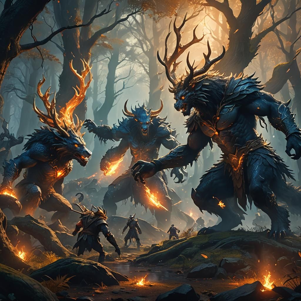 Mythical Creature Brawl in Mystical Forest Concept Art