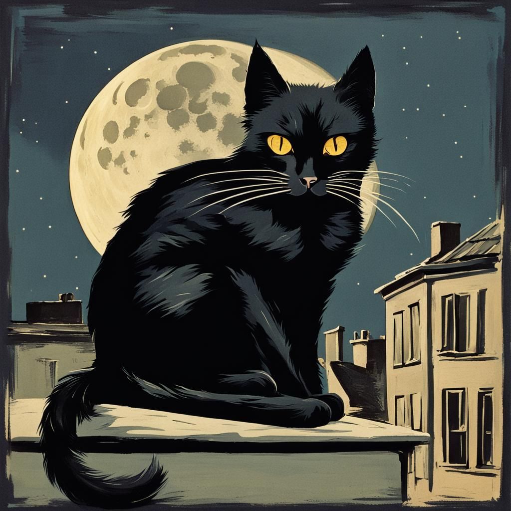Vintage Black Cat and Full Moon Illustration
