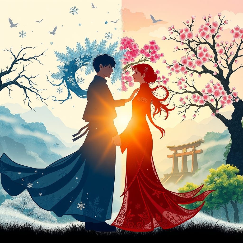 Winter and Spring Loving Couple in Vibrant Fantasy Landscape