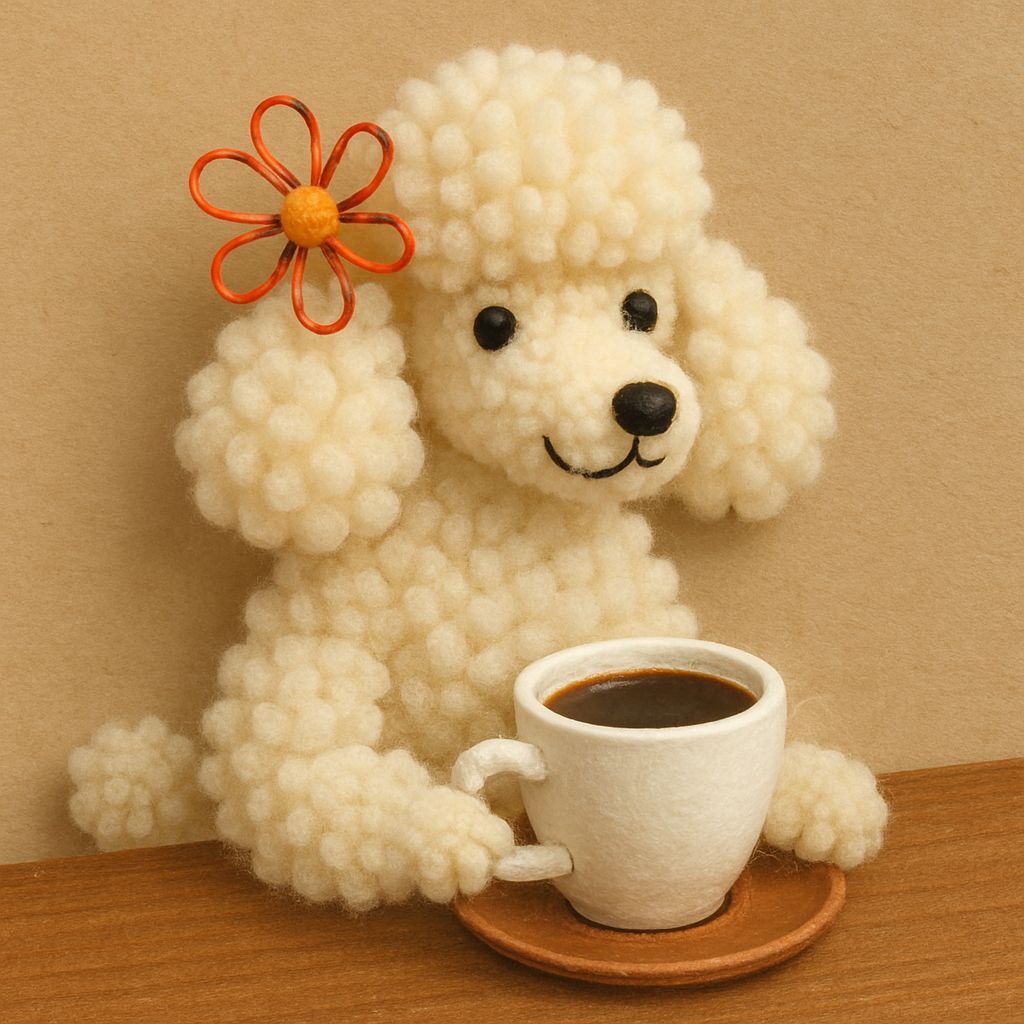 Whimsical Pom Pom Poodle Sipping Coffee