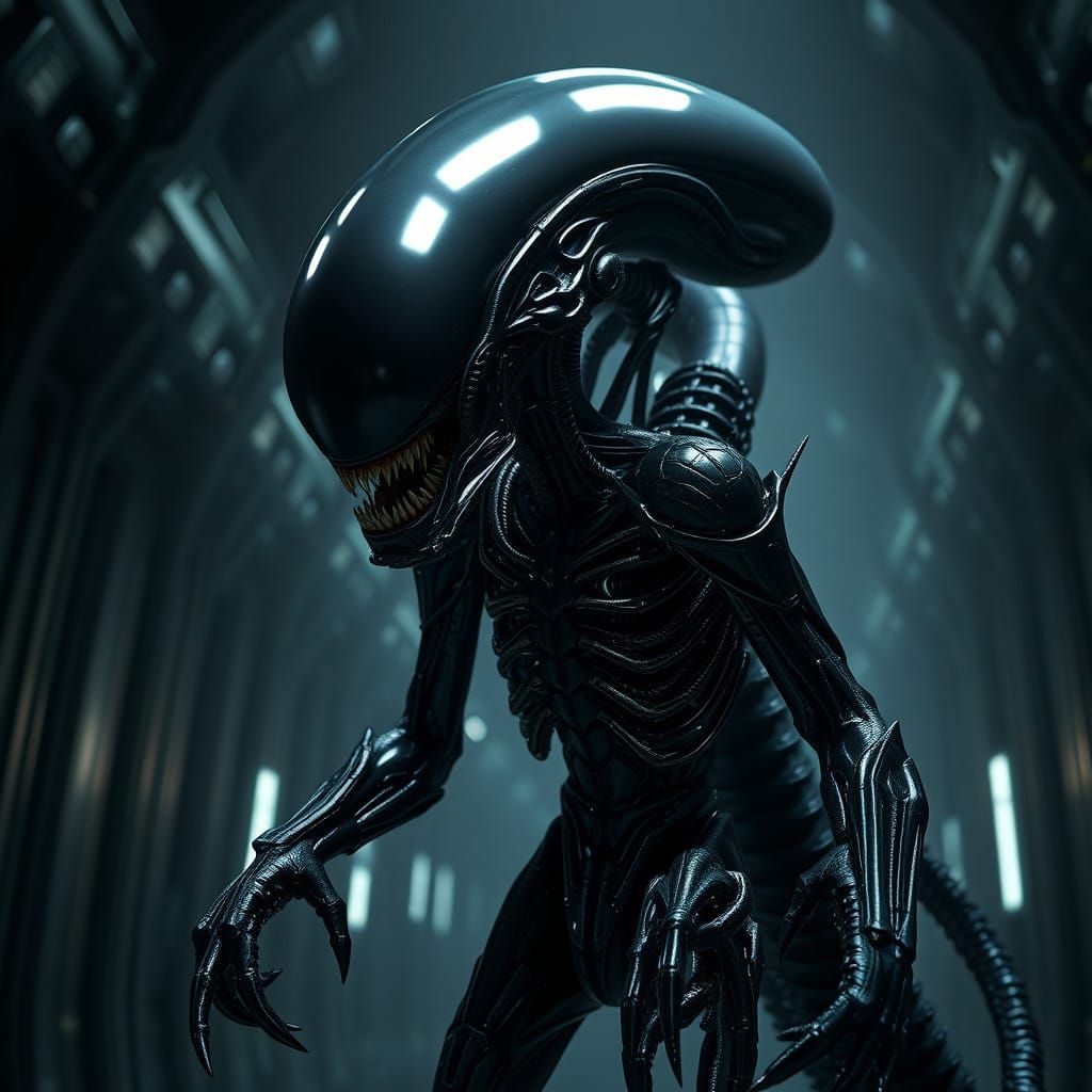 Cyberpunk Alien Xenomorph in Dark Industrial Environment