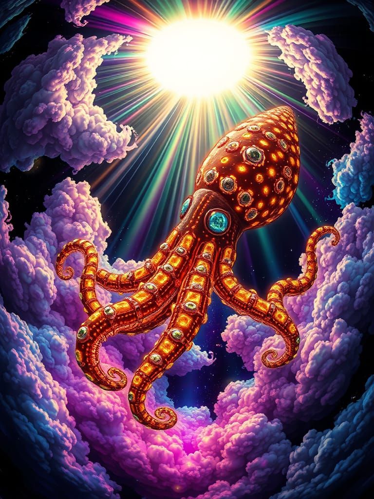 Bioluminescent Squid in Stained Glass Nebula