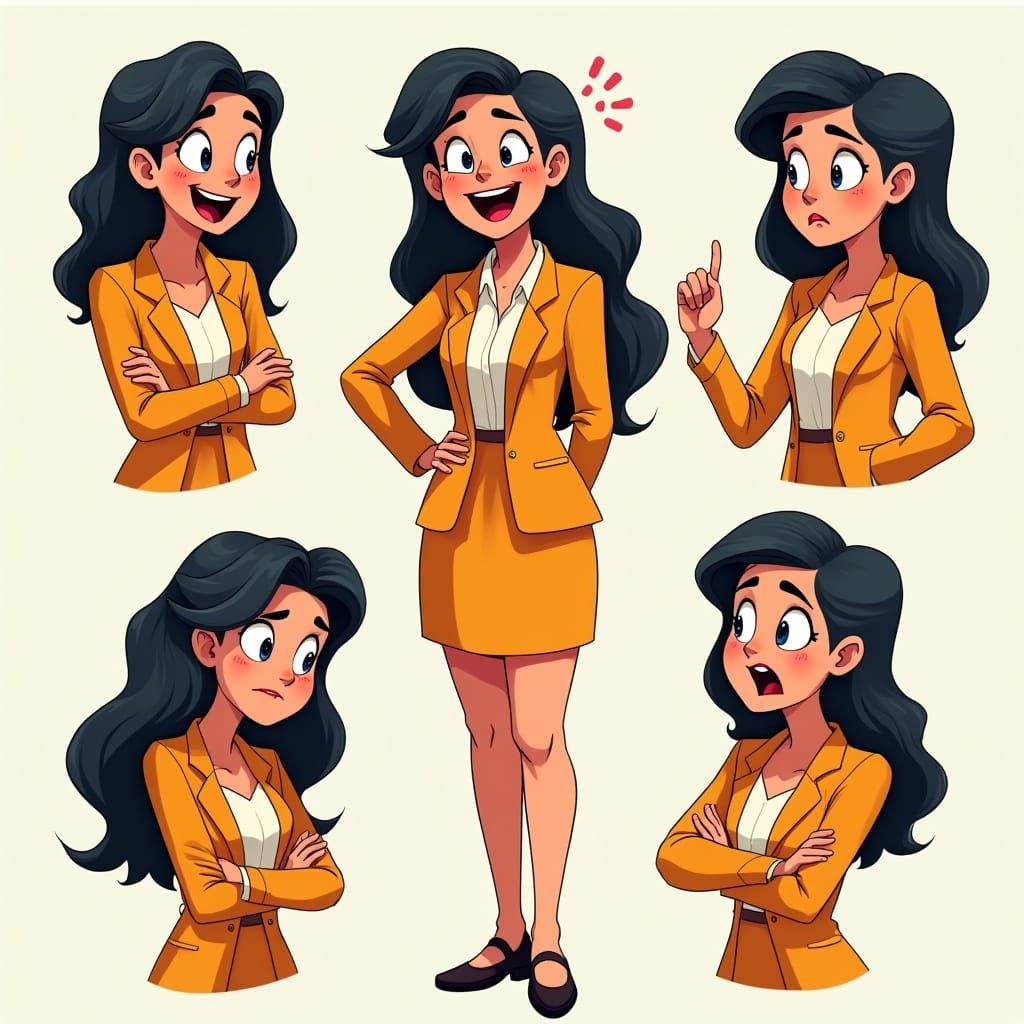 Vibrant Cartoon Office Girl Experiences Diverse Emotions in ...