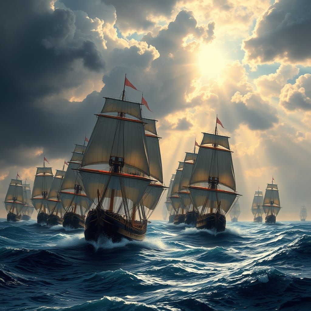 Majestic Sailing Fleet on Stormy Seas with Dramatic Lighting