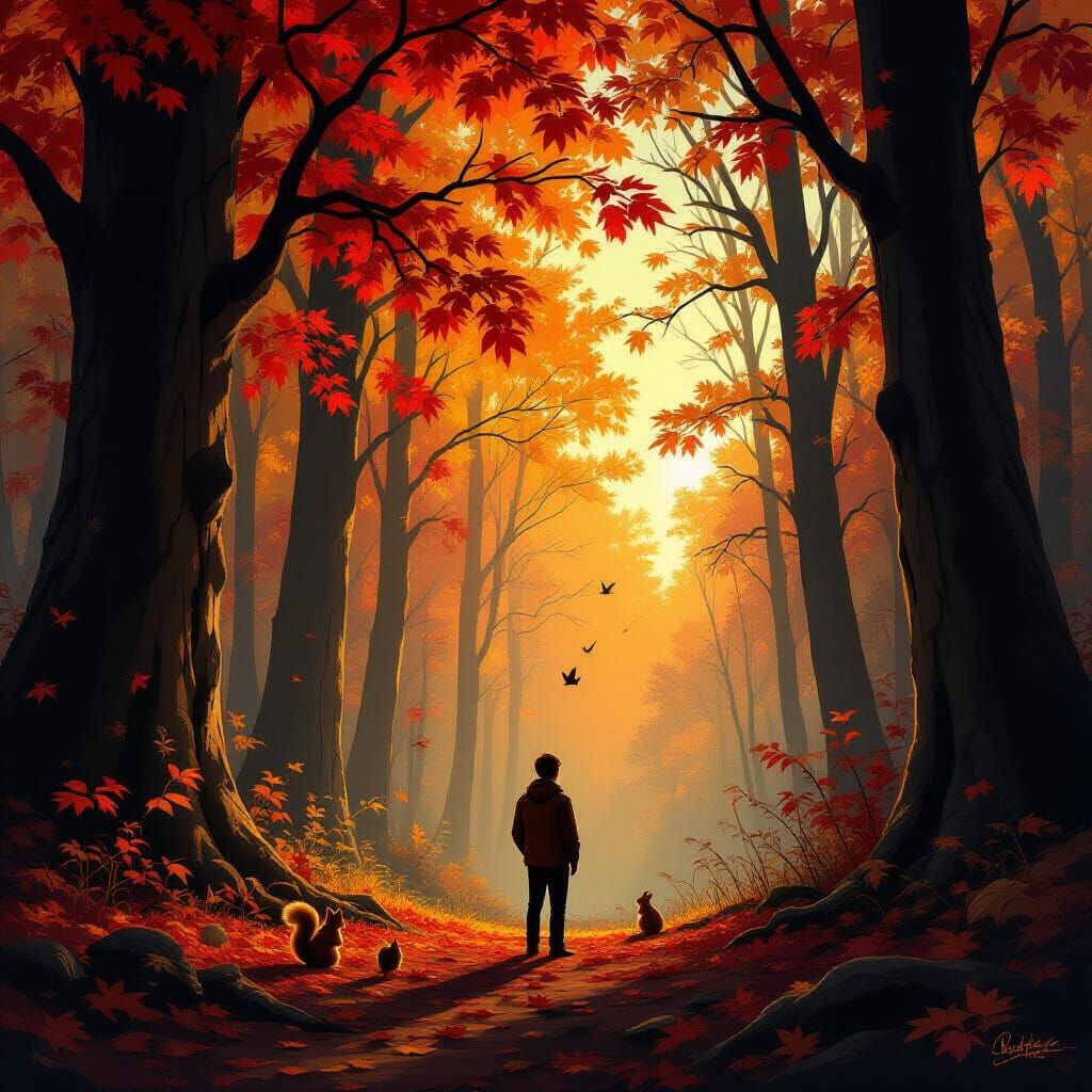 Man in Autumn Forest Golden Hour Concept Art