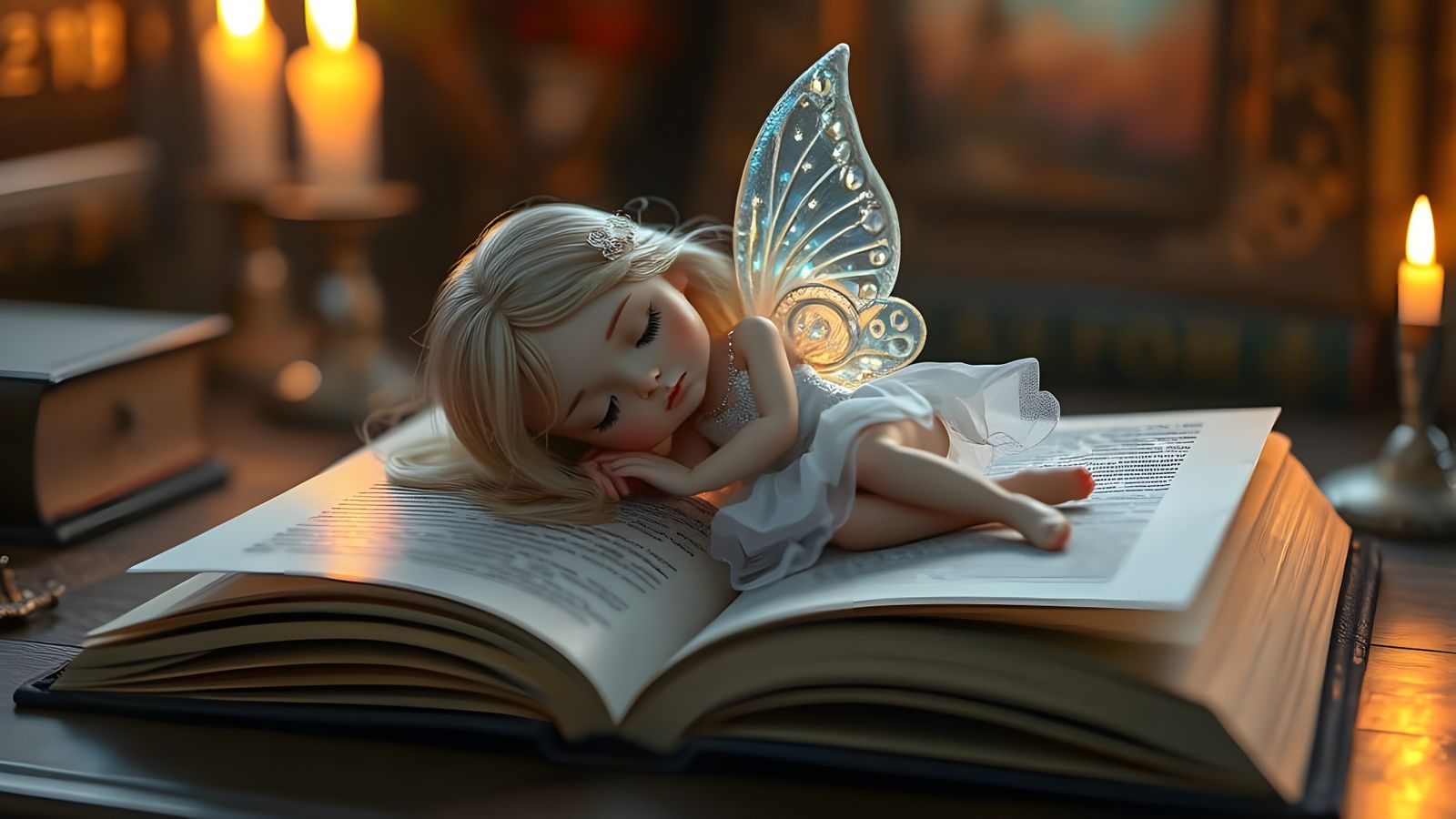 Sleeping Fairy in Book Lit by Candlelight