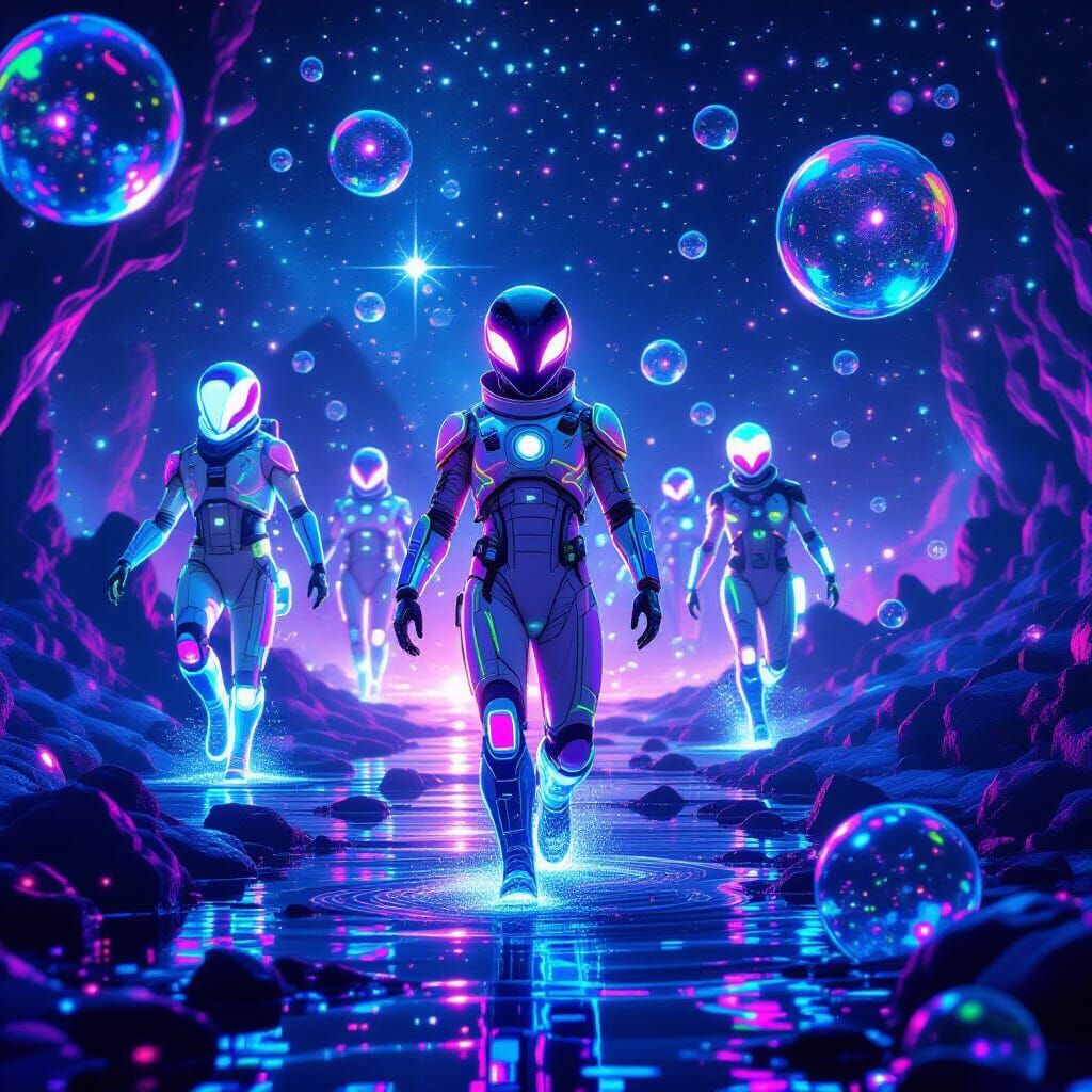 Neon Aliens Drifting in Starry Cosmos