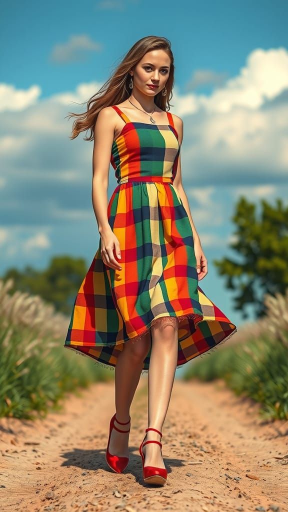 Confident Woman in Whimsical Plaid Dress