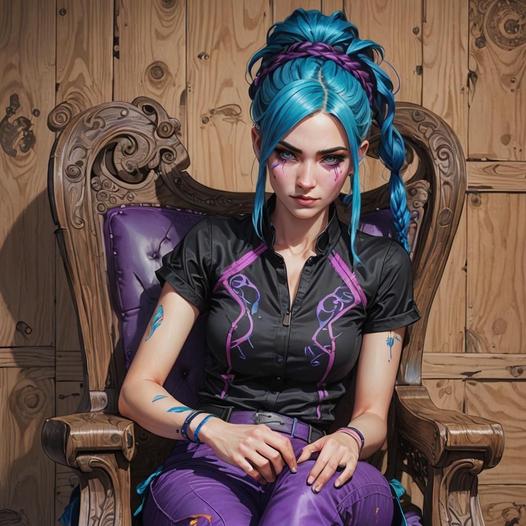 jinx, League of Legends, sitting on a wooden armchair