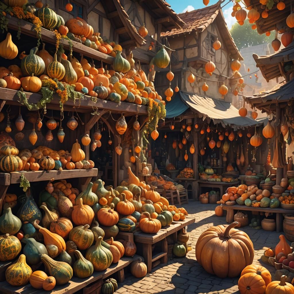 Fantasy Market Stall Overflowing with Exotic Gourds