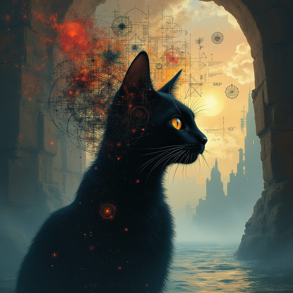 Math Art Masterpiece: Black Cat in Vibrant Dreamscapes
