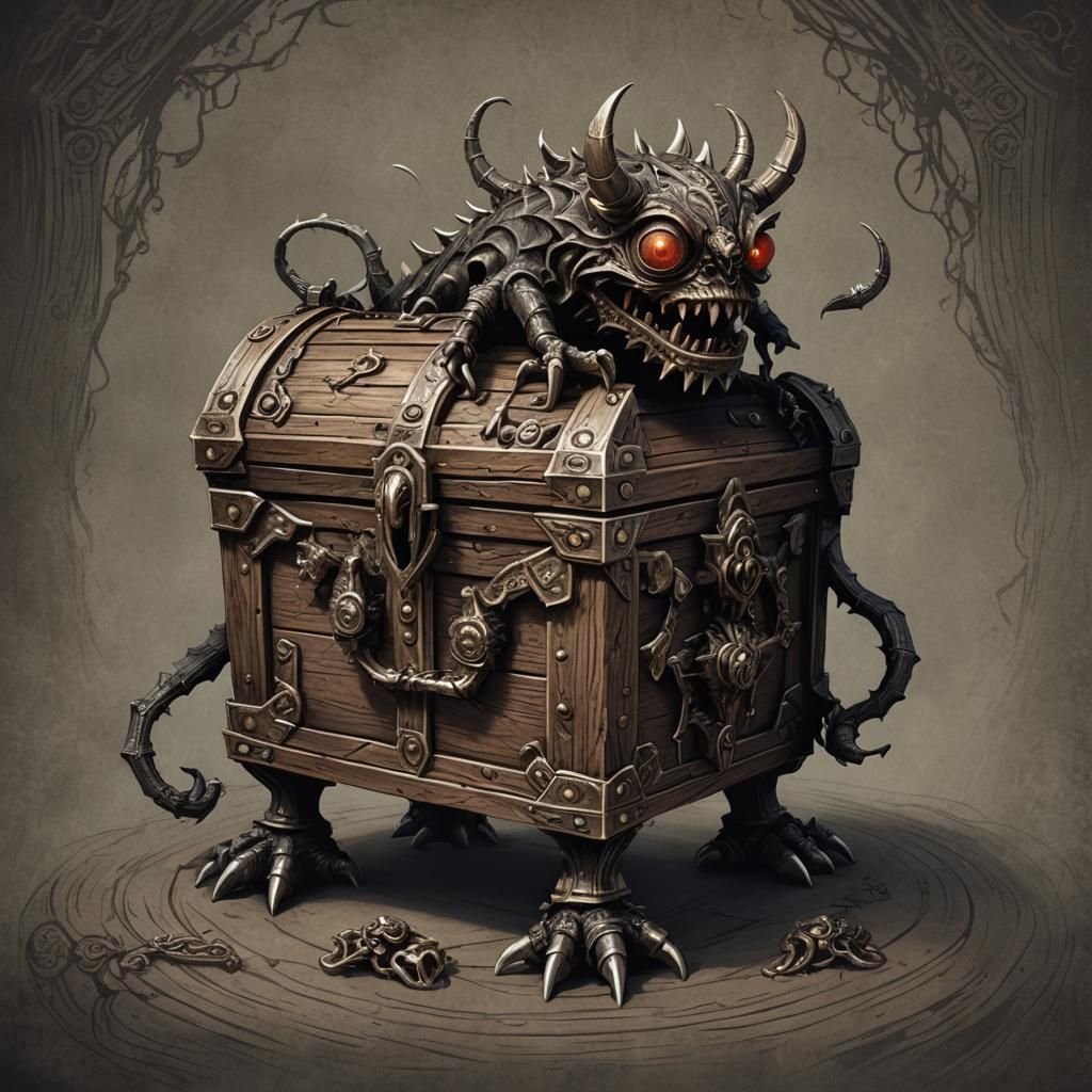 A captivating dark fantasy illustration of a wooden chest mi...