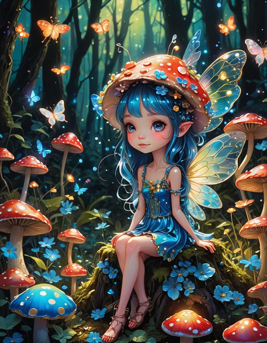 Neon Fairy Portrait in Glowing Forest: Whimsical Art