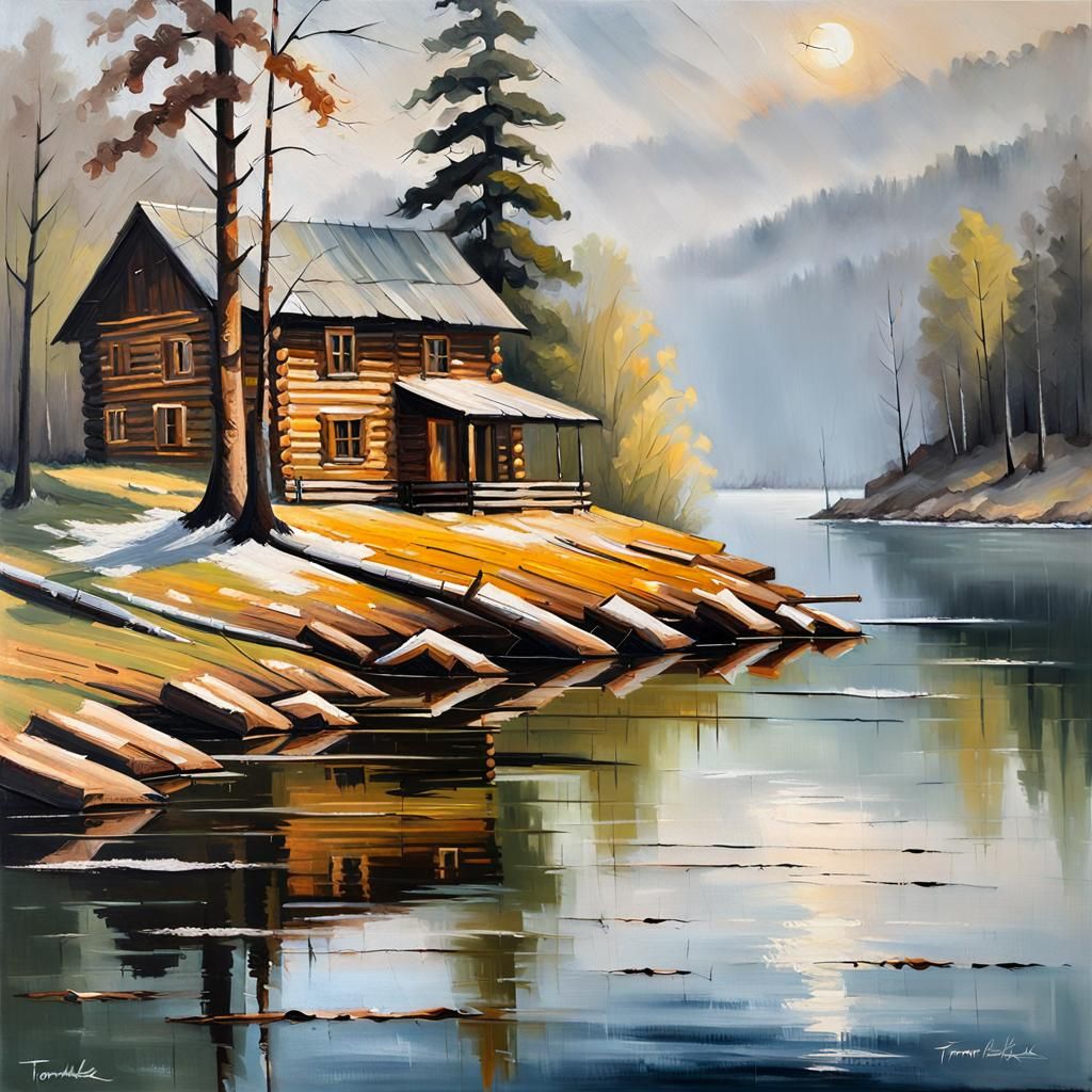 Log Cabin on Lake in Early Spring Oil Painting